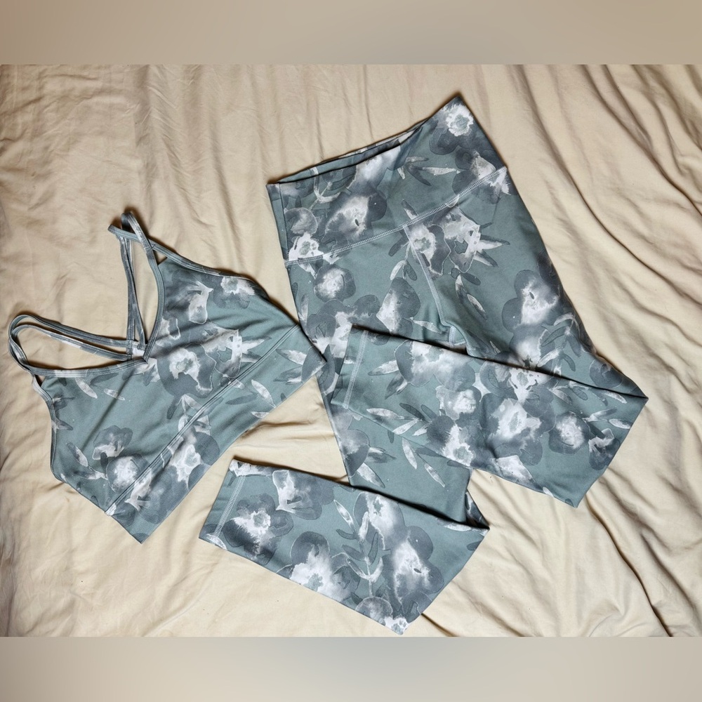 Green and Gray Floral Workout Bra and Pants set